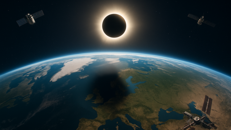 Imagem ilustrativa gerada por IA para: Eclipse solar de 12 de agosto é registrado por satélites e pela ISS