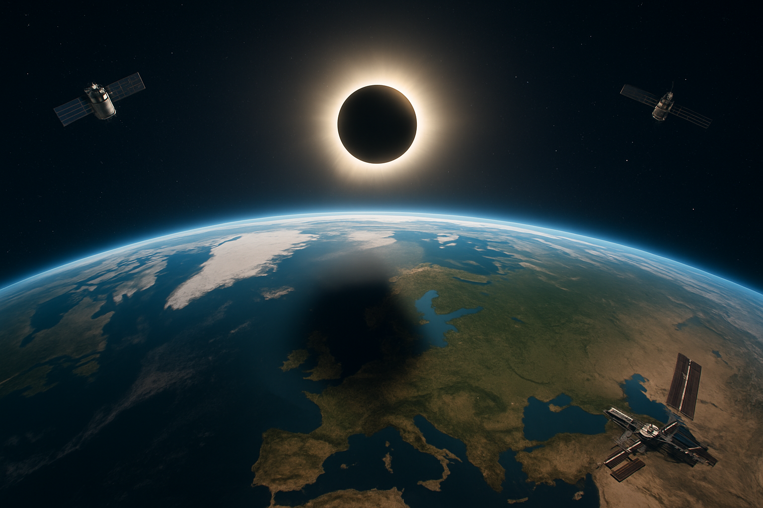 Imagem ilustrativa gerada por IA para: Eclipse solar de 12 de agosto é registrado por satélites e pela ISS