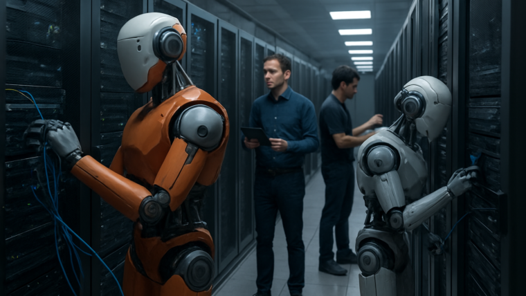 Imagem ilustrativa gerada por IA para: Meta testa robôs para tarefas em data centers
