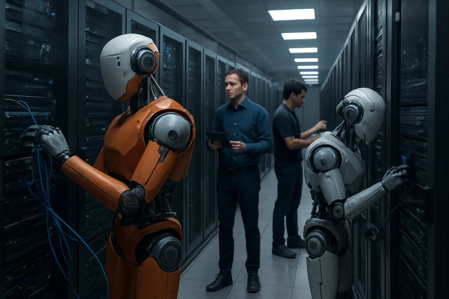 Imagem ilustrativa gerada por IA para: Meta testa robôs para tarefas em data centers