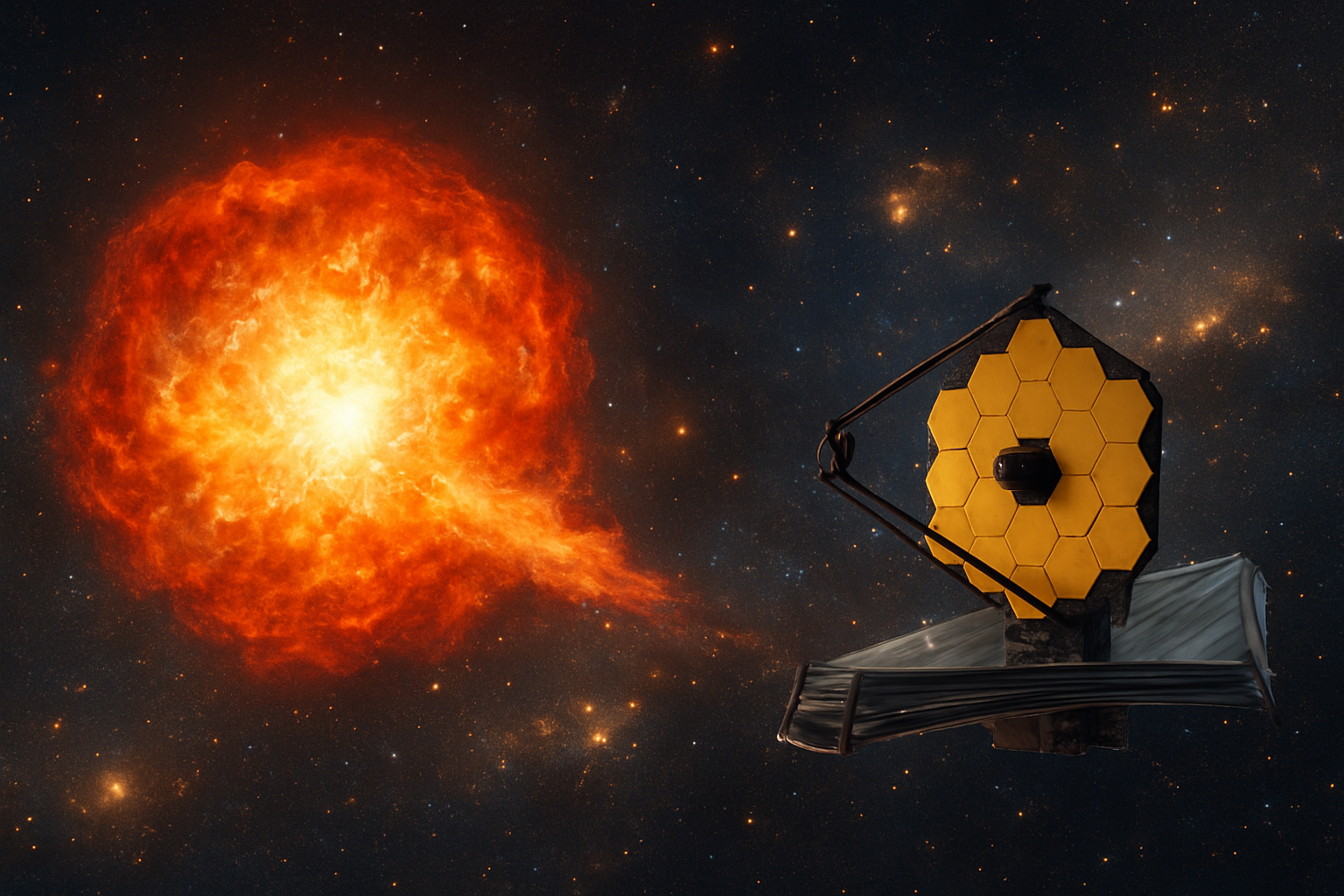 Imagem ilustrativa gerada por IA para: James Webb observa morte de estrela no Universo jovem